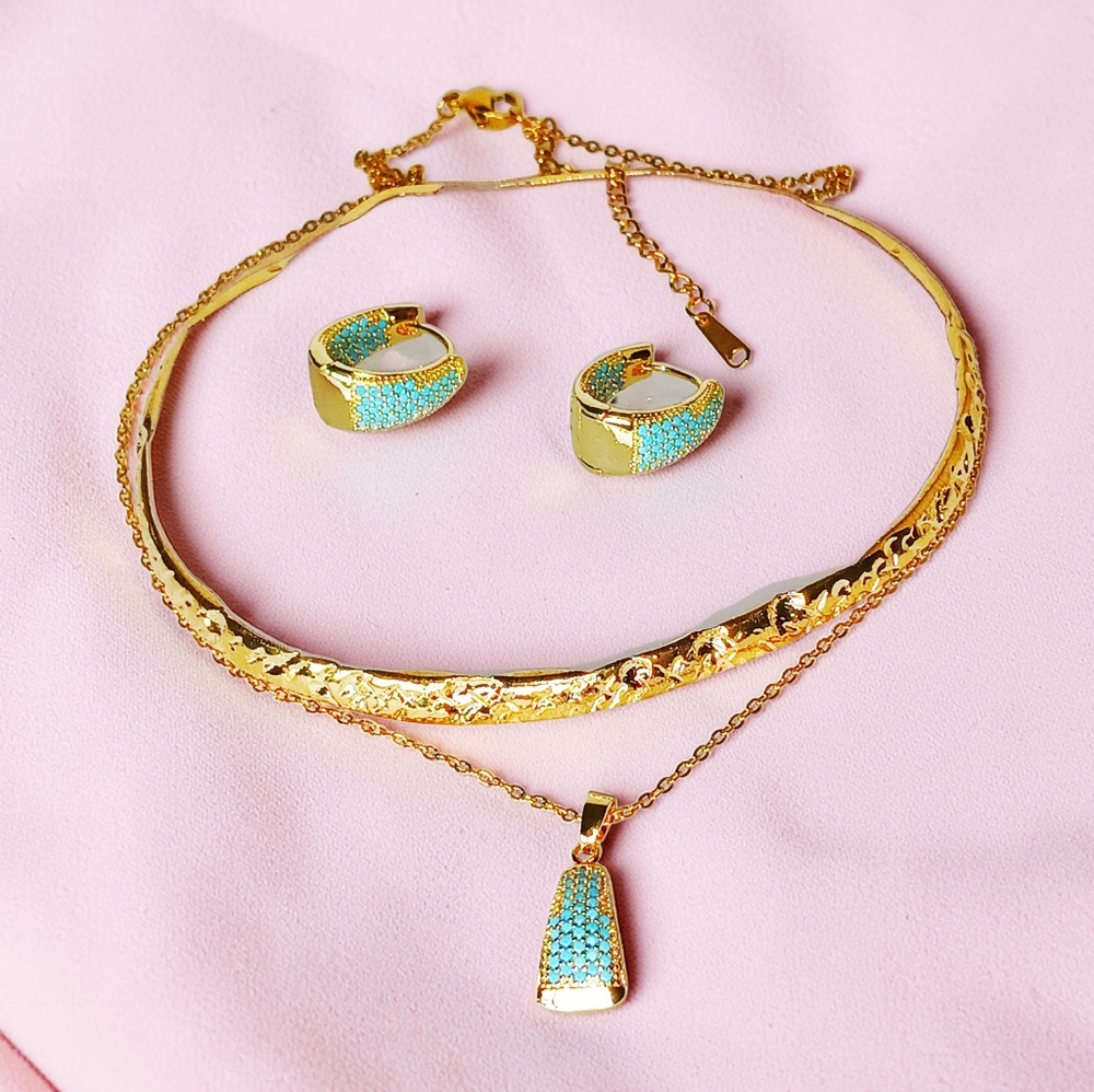 Gold Turquoise Necklace Earring Set Modern Preppy Minimalist Mermaidcore 2000s